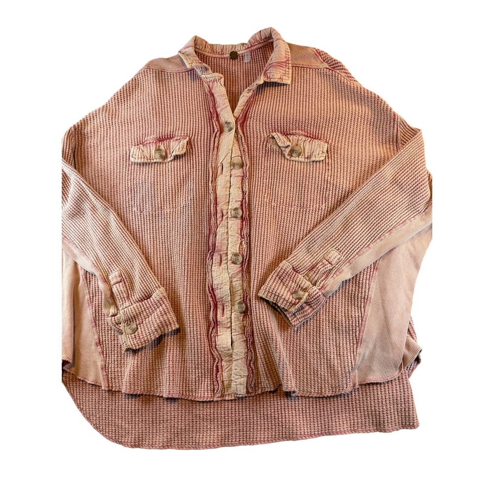 Free People FP One Thermal Button Down Shirt Pink Acid Wash Waffle Knit Small